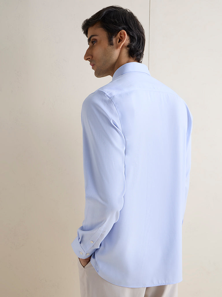 WES Formals Blue Solid Slim-Fit Cotton Shirt