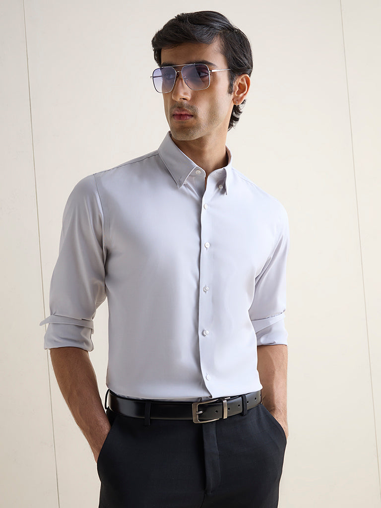WES Formals Grey Solid Slim-Fit Cotton Shirt