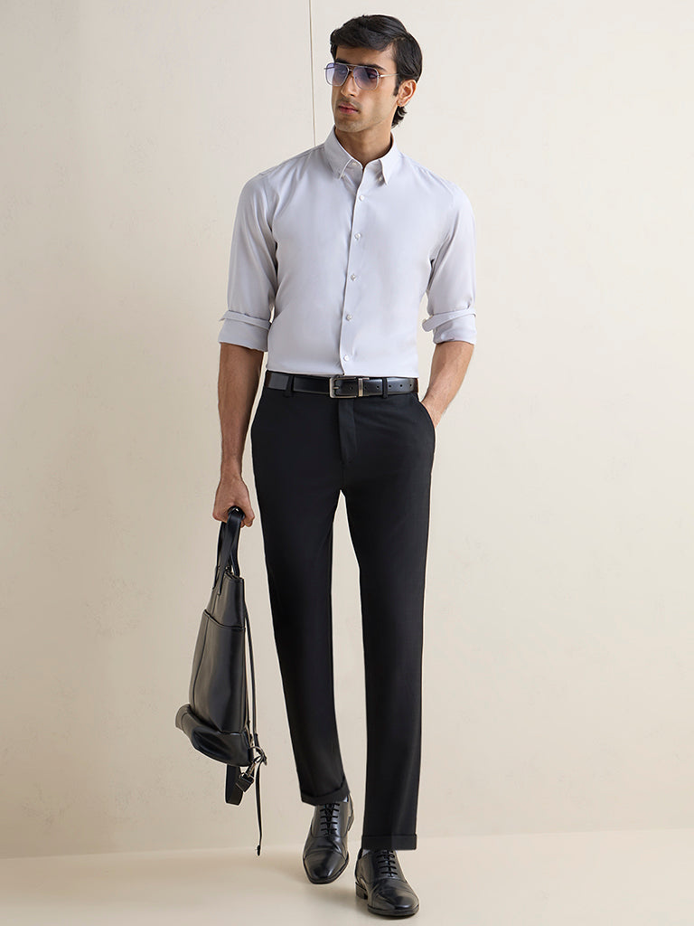 WES Formals Grey Solid Slim-Fit Cotton Shirt