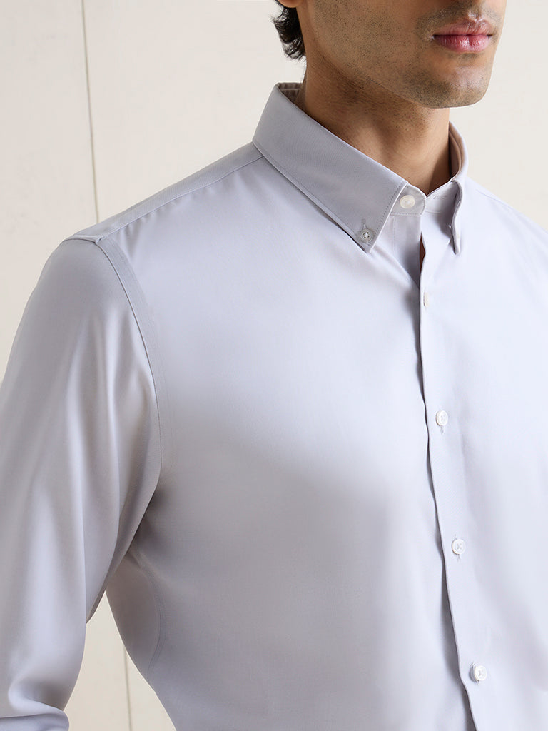 WES Formals Grey Solid Slim-Fit Cotton Shirt