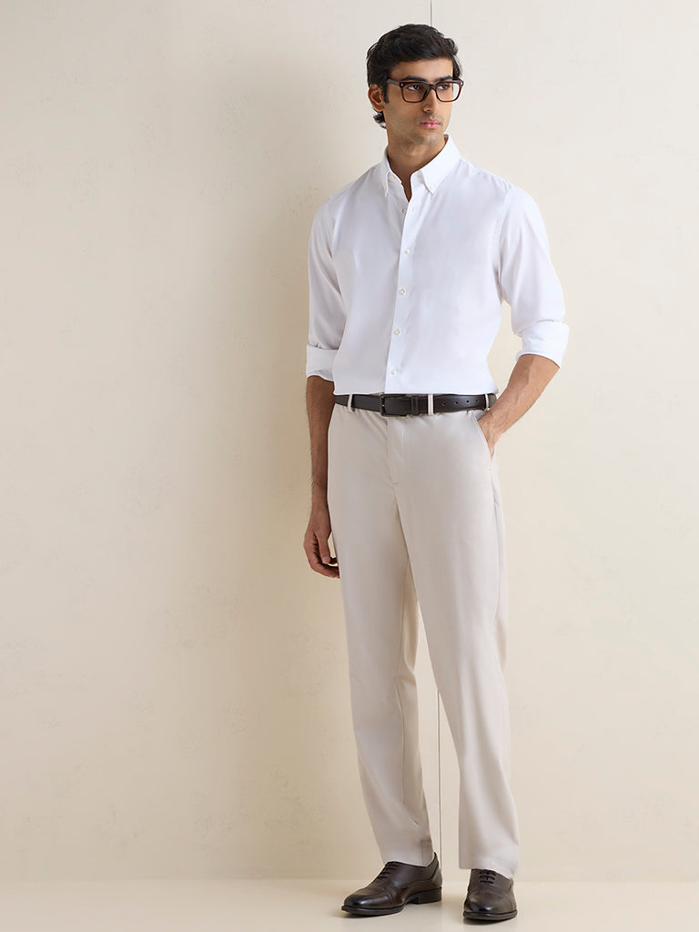 WES Formals White Solid Slim-Fit Cotton Shirt
