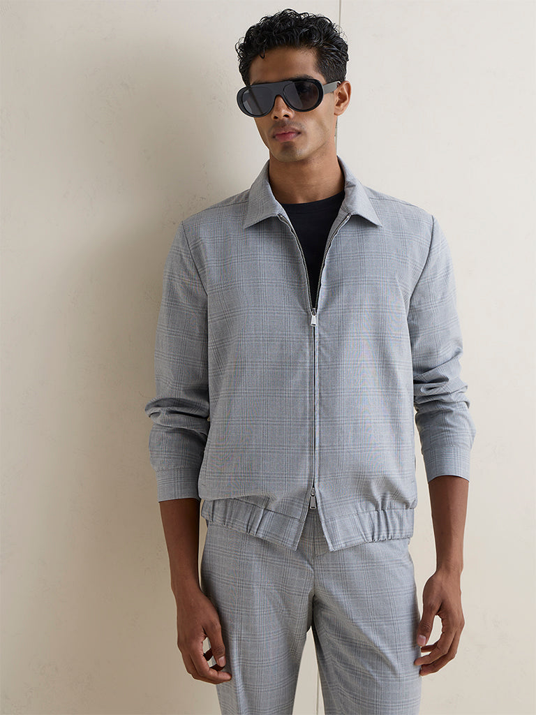 WES Formals Grey Plaid Checkered Cotton Slim-Fit Jacket