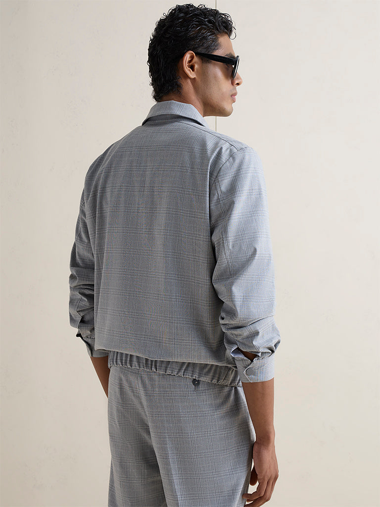 WES Formals Grey Plaid Checkered Cotton Slim-Fit Jacket