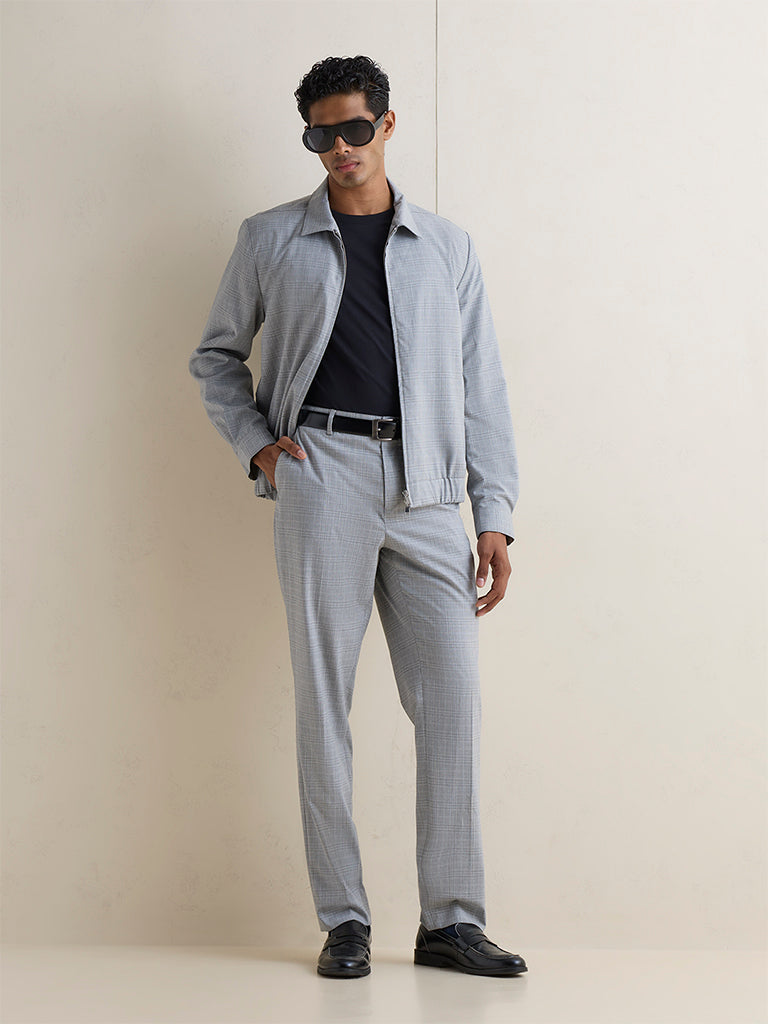 WES Formals Grey Plaid Checkered Relaxed-Fit Cotton Trousers