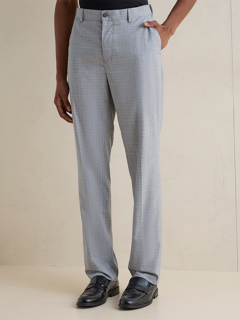 WES Formals Grey Plaid Checkered Relaxed-Fit Cotton Trousers