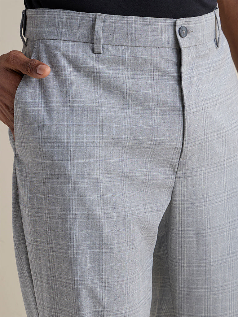 WES Formals Grey Plaid Checkered Relaxed-Fit Cotton Trousers