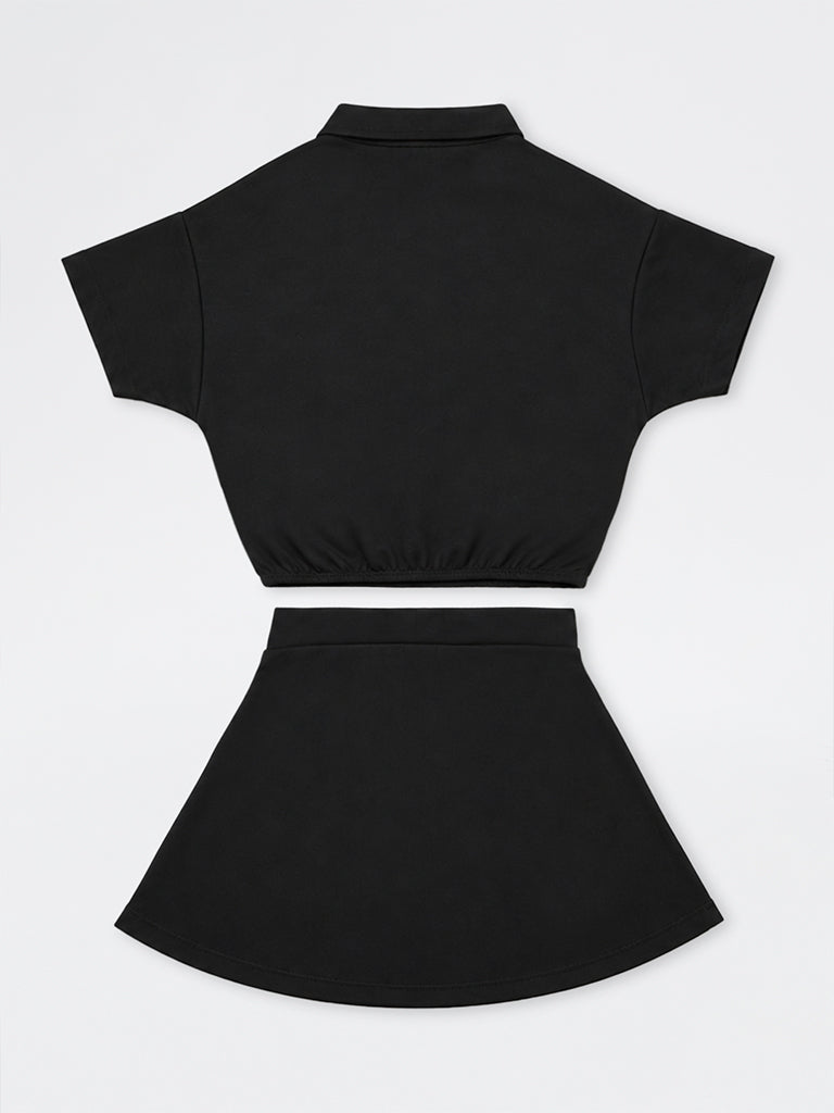 Girls Black Text Detailed T-Shirt and Skirt Set