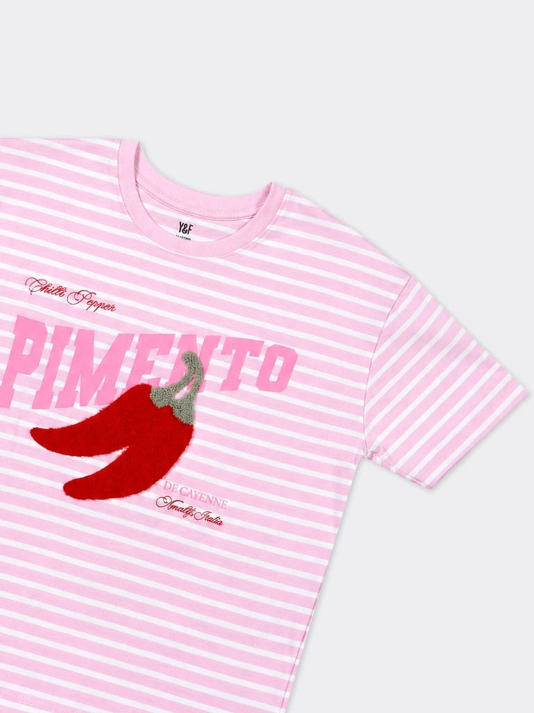 Girls Pink Striped Chilli Graphic Cotton T-Shirt