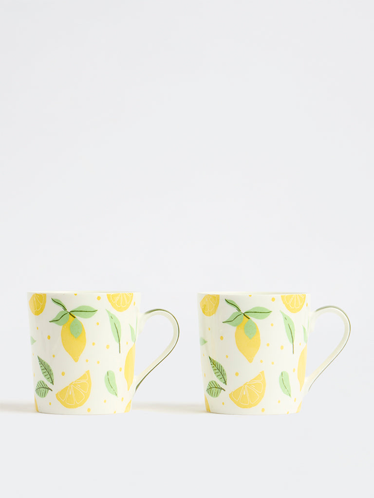 Westside Home Yellow Lemon Printed Mugs - Set of 2