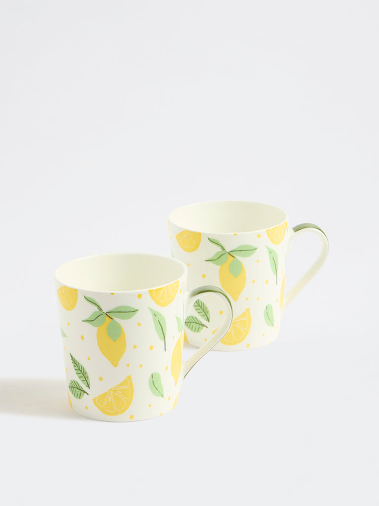 Westside Home Yellow Lemon Printed Mugs - Set of 2
