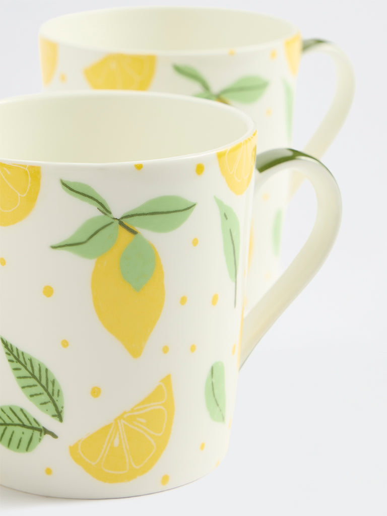 Westside Home Yellow Lemon Printed Mugs - Set of 2