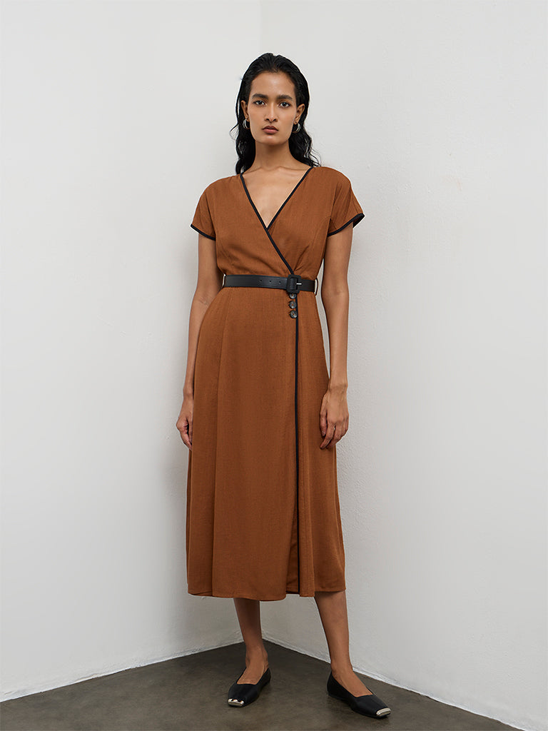 Wardrobe Brown Cotton Wrap-Style Dress