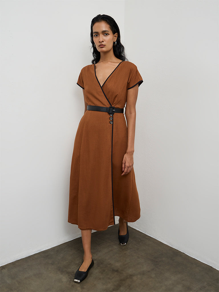 Wardrobe Brown Cotton Wrap-Style Dress