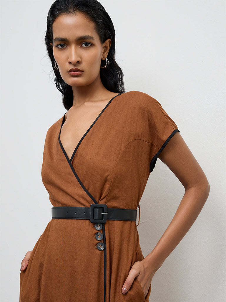 Wardrobe Brown Cotton Wrap-Style Dress