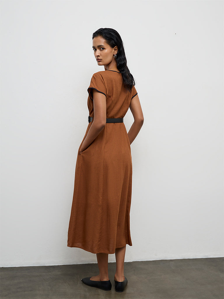 Wardrobe Brown Cotton Wrap-Style Dress