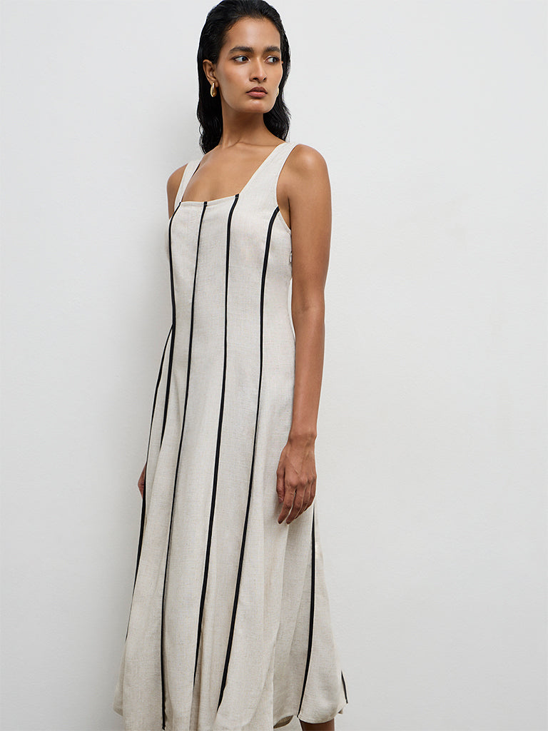 Wardrobe Light Beige Striped A-Line Dress