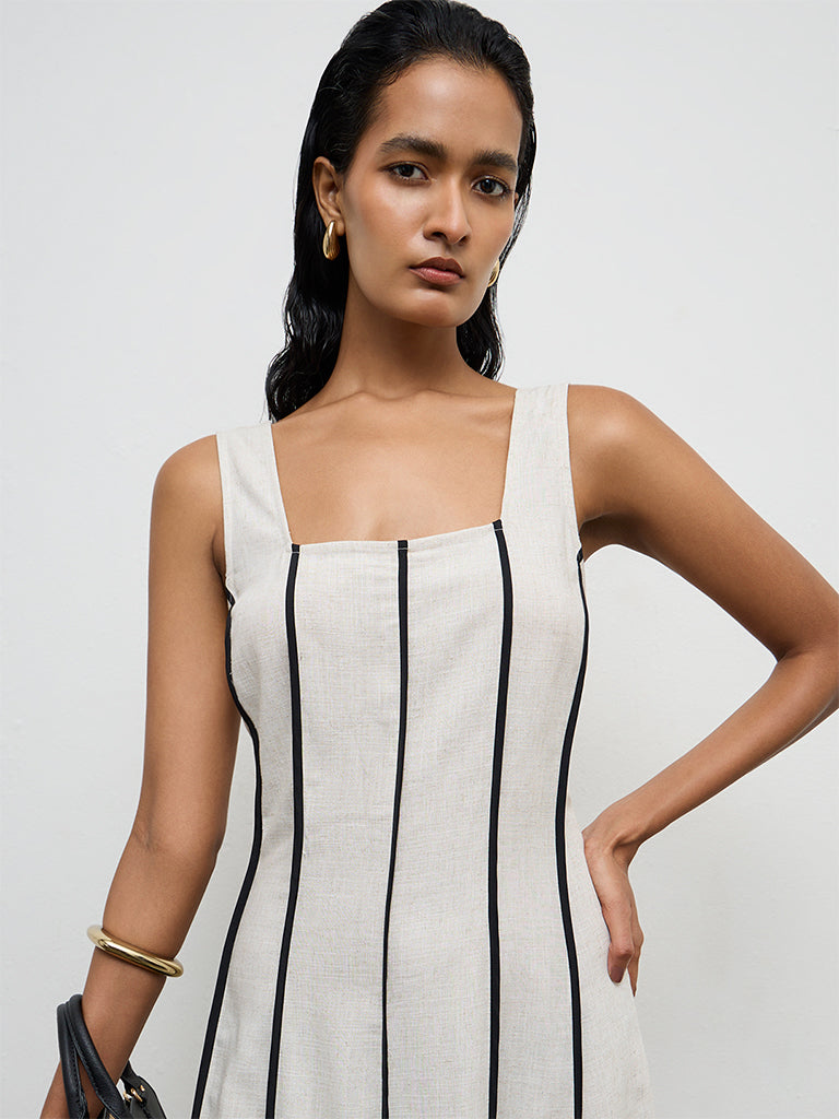 Buy Wardrobe Light Beige Striped A-Line Dress from Westside