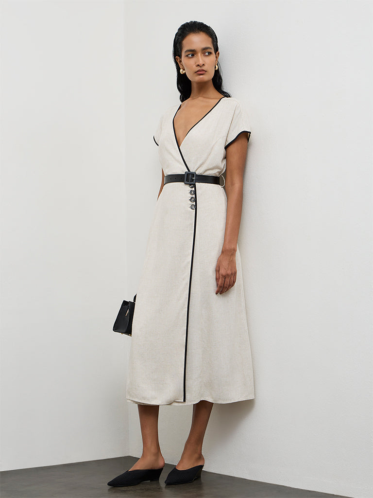 Wardrobe Light Beige Cotton Wrap-Style Dress