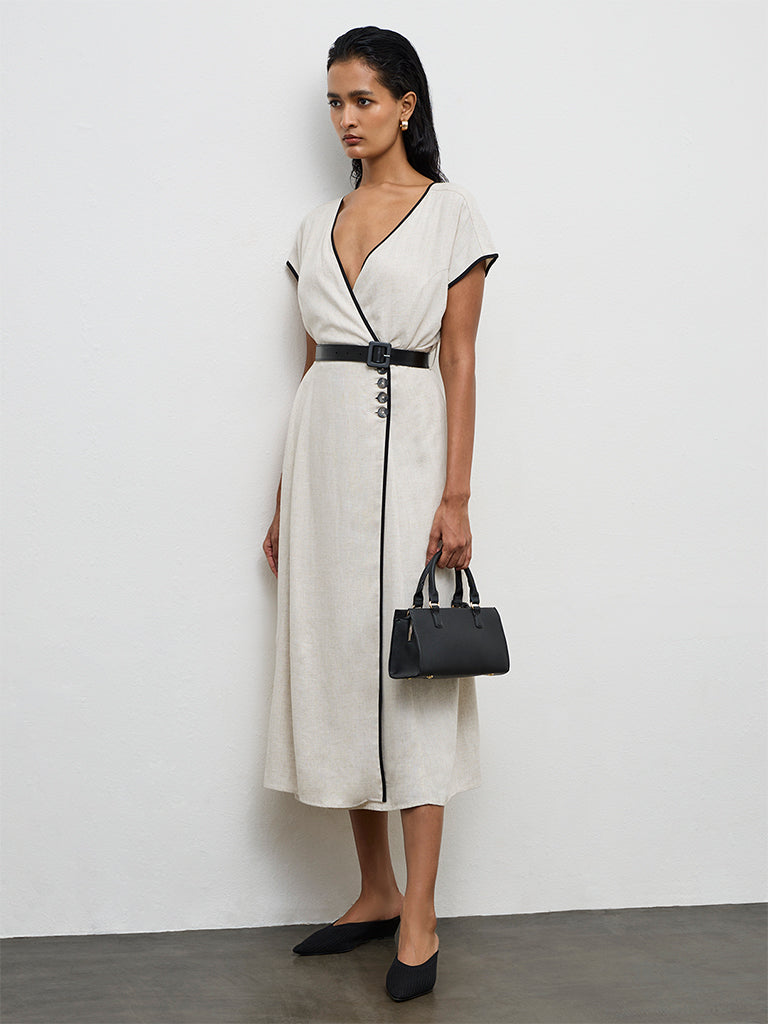 Wardrobe Light Beige Cotton Wrap-Style Dress