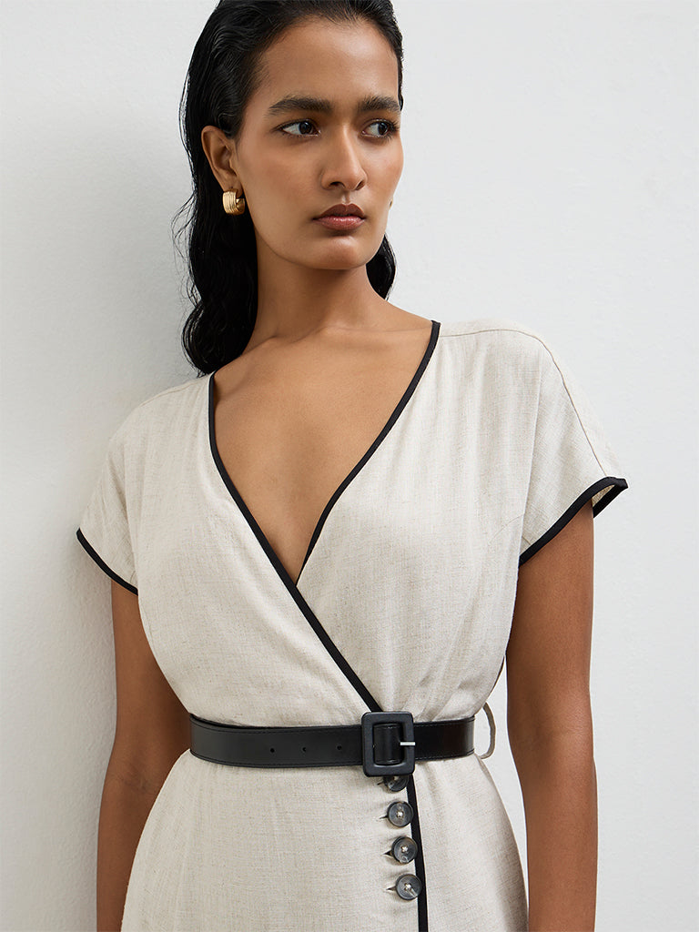 Wardrobe Light Beige Cotton Wrap-Style Dress