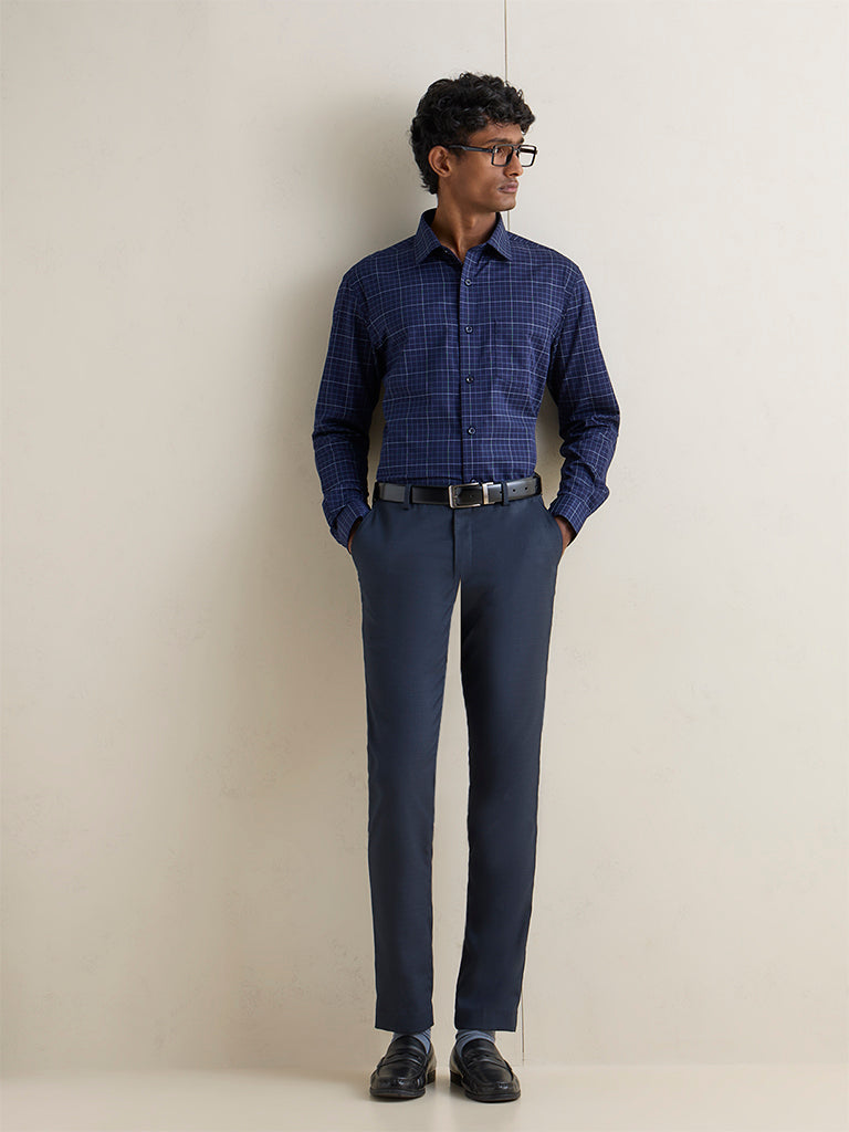 WES Formals Navy Checkered Slim-Fit Cotton Shirt