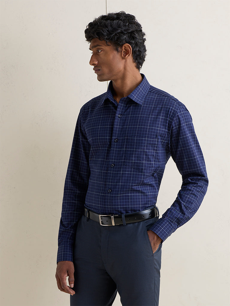 WES Formals Navy Checkered Slim-Fit Cotton Shirt