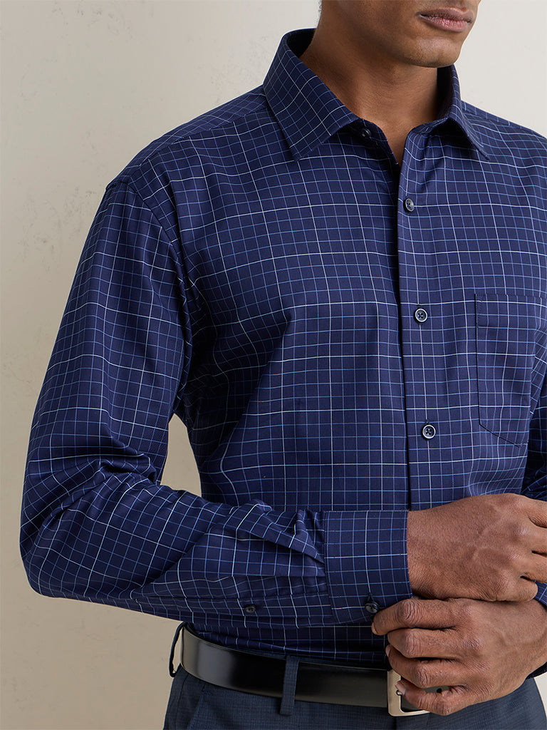 WES Formals Navy Checkered Slim-Fit Cotton Shirt