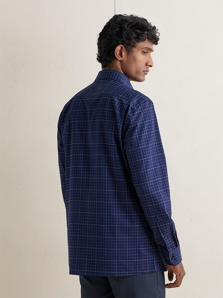 WES Formals Navy Checkered Slim-Fit Cotton Shirt