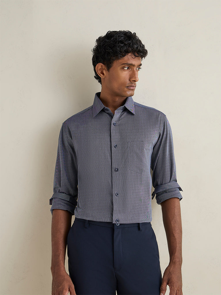 WES Formals Dusty Navy Relaxed-Fit Cotton-Blend Shirt
