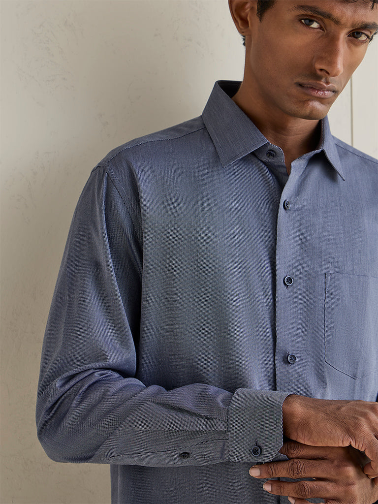 WES Formals Dusty Navy Relaxed-Fit Cotton-Blend Shirt