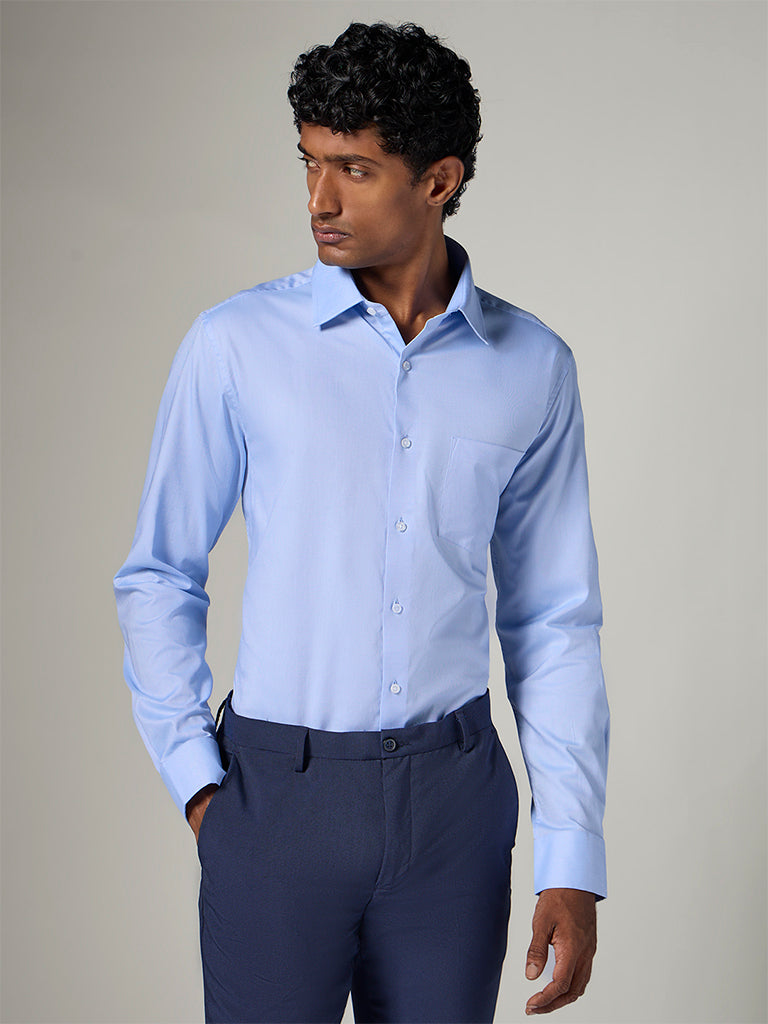 WES Formals  Blue Slim-Fit Cotton Shirt