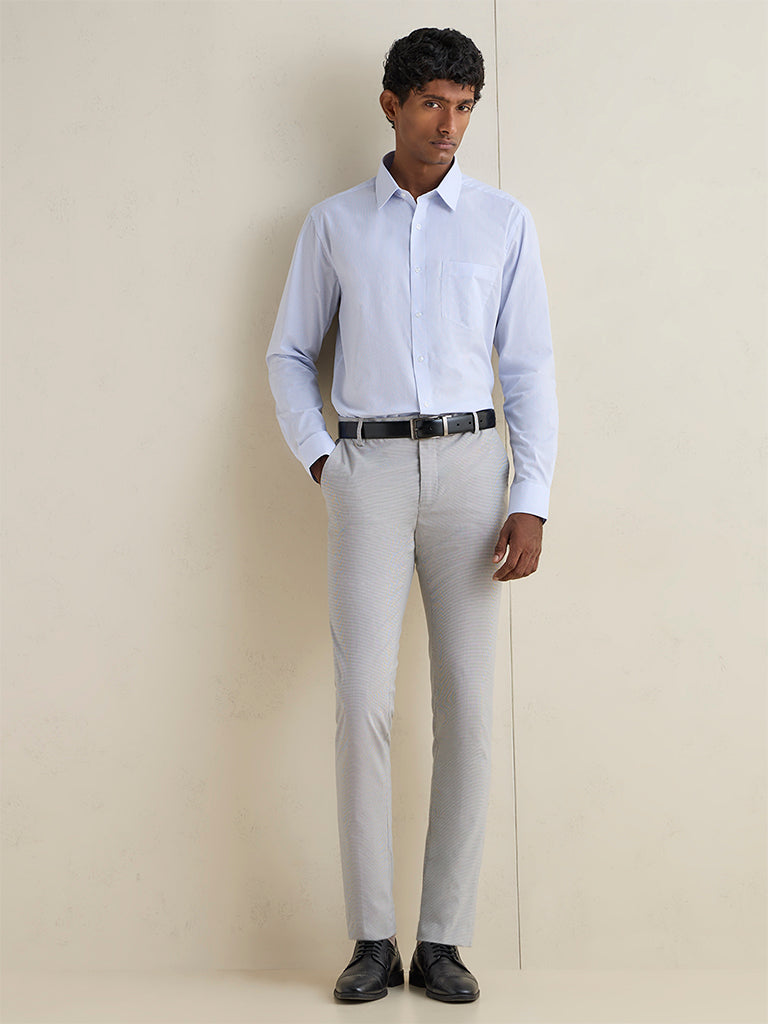 WES Formals Light Blue Checkered Slim-Fit Cotton Shirt
