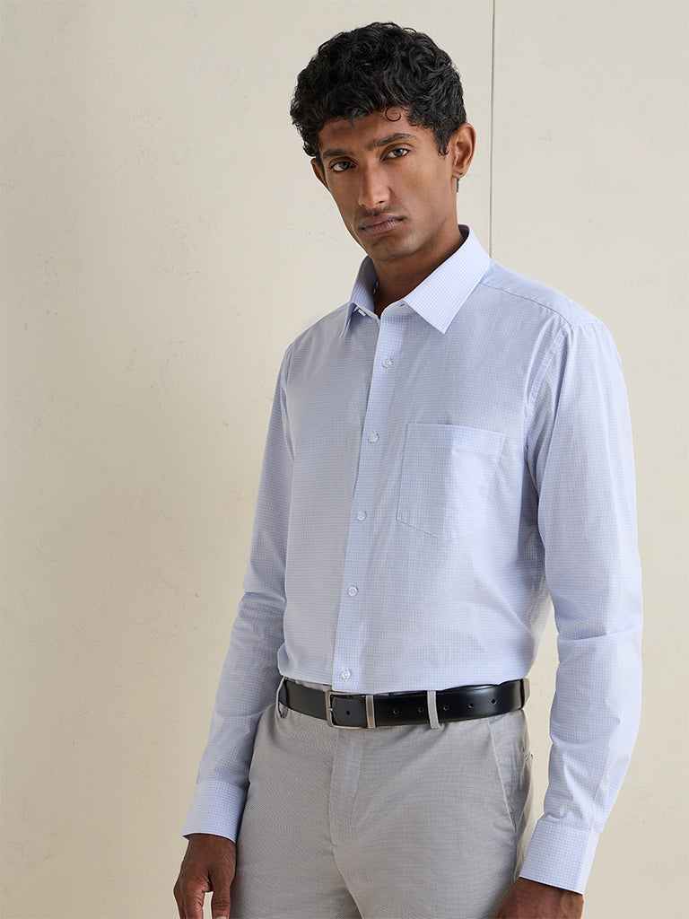 WES Formals Light Blue Checkered Slim-Fit Cotton Shirt