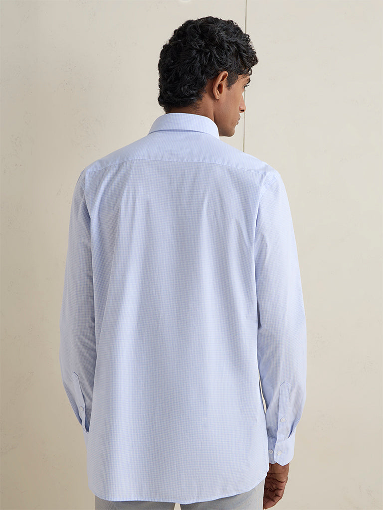 WES Formals Light Blue Checkered Slim-Fit Cotton Shirt