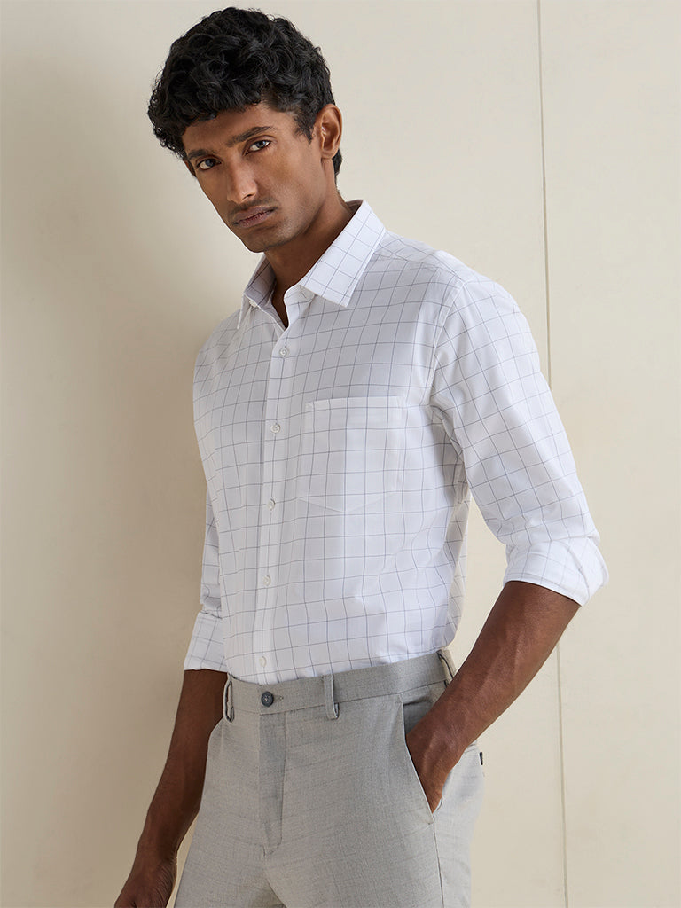 WES Formals White Checkered Slim-Fit Cotton Shirt