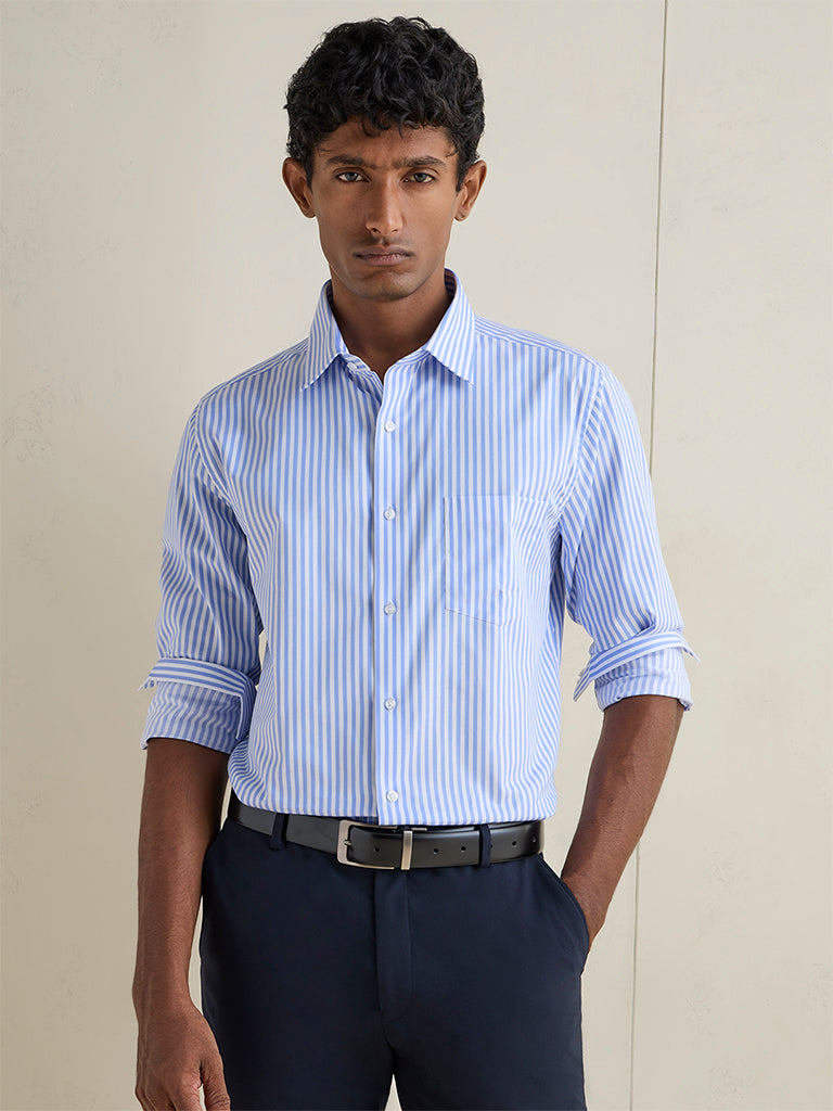 WES Formals Blue Striped Slim-Fit Cotton Shirt