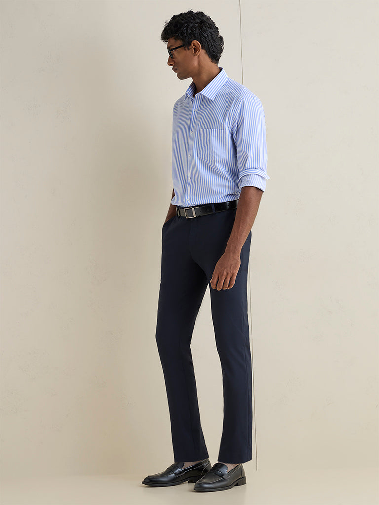WES Formals Blue Striped Slim-Fit Cotton Shirt