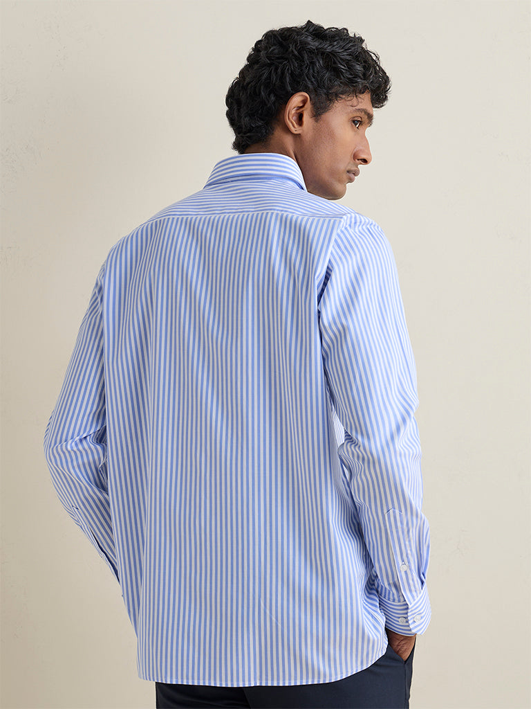 WES Formals Blue Striped Slim-Fit Cotton Shirt