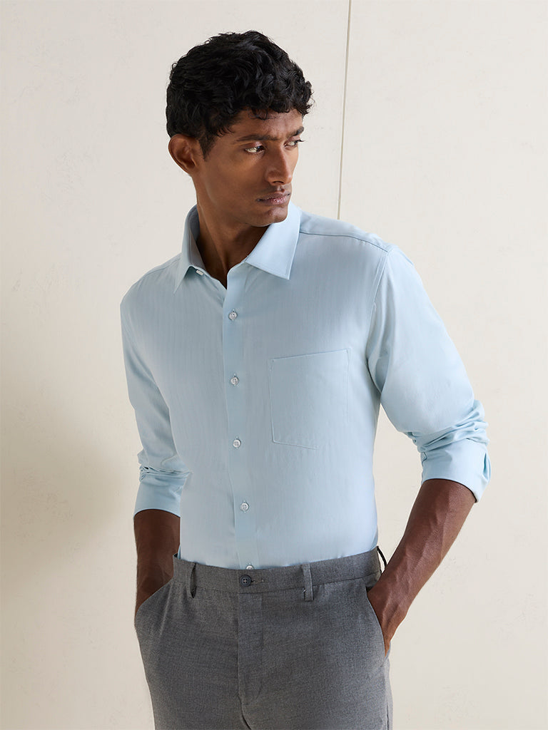 WES Formals Light Teal Slim-Fit Cotton Shirt