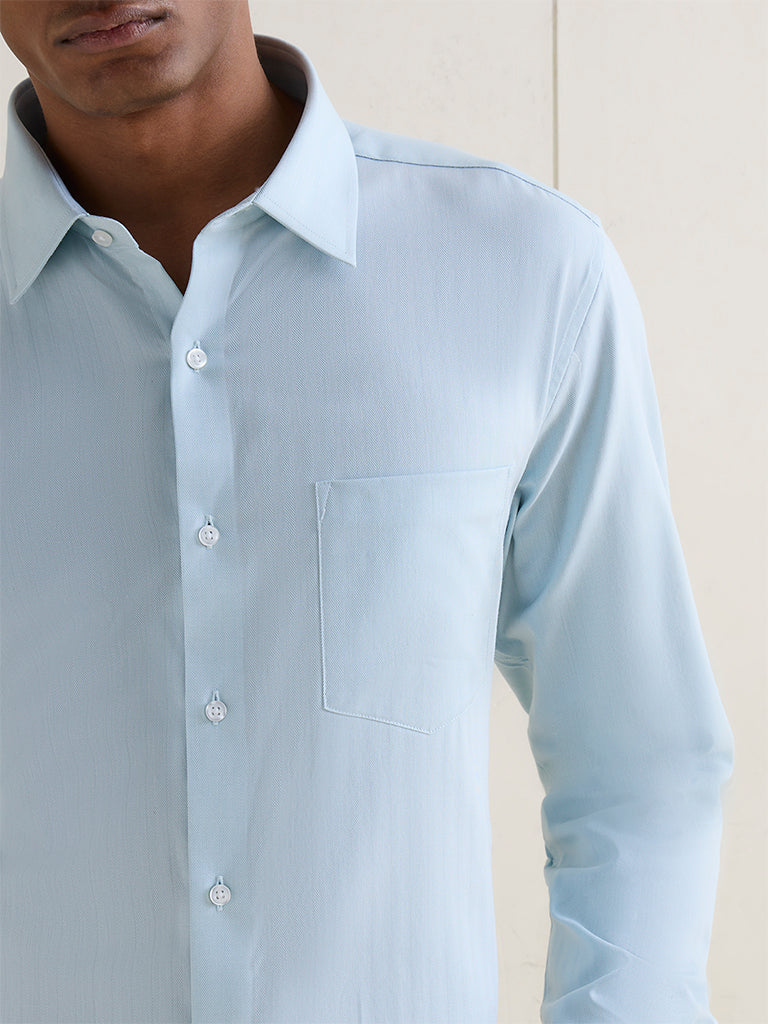 WES Formals Light Teal Slim-Fit Cotton Shirt