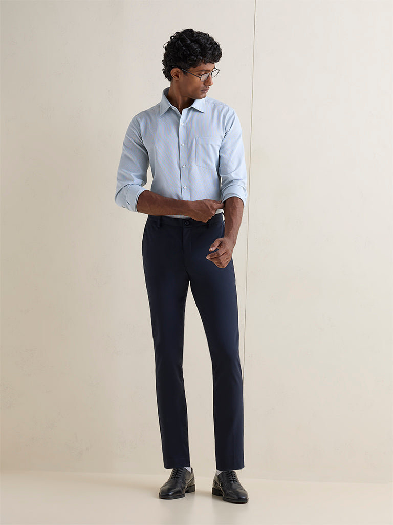 WES Formals Teal Stripe Printed Slim-Fit Cotton Shirt