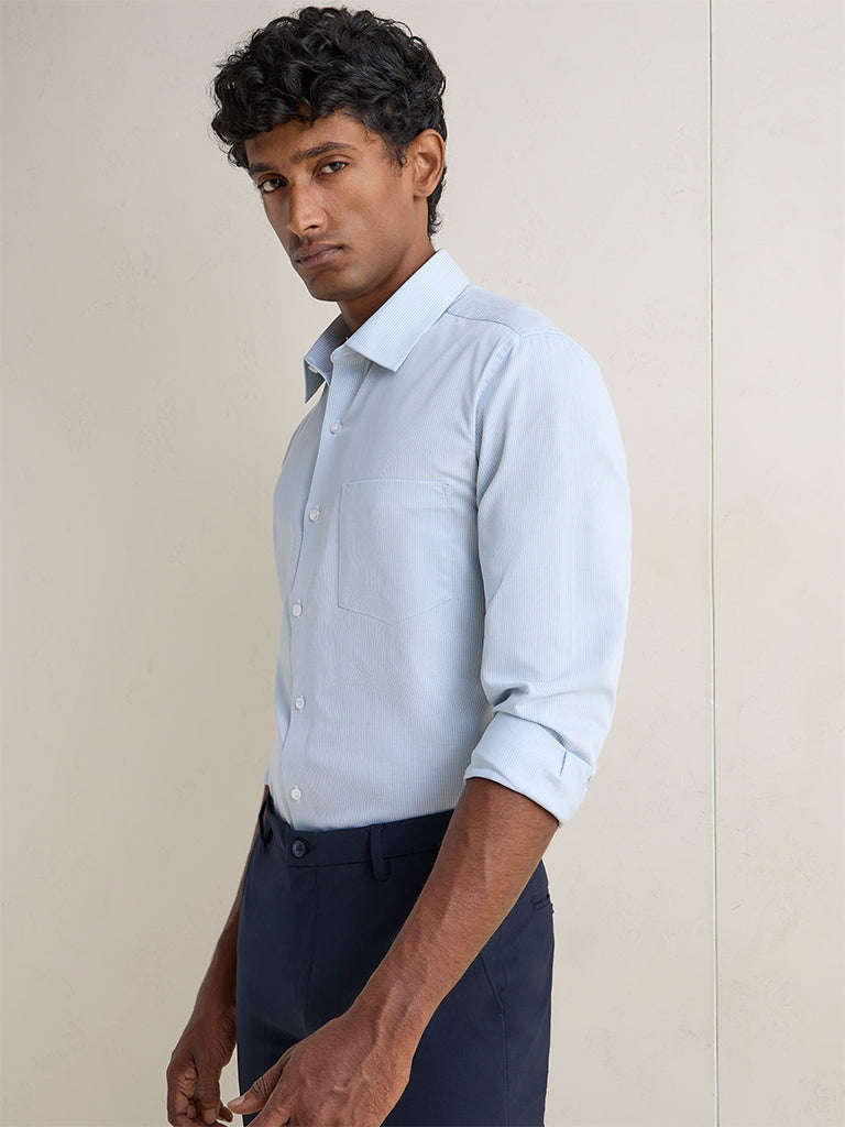 WES Formals Teal Stripe Printed Slim-Fit Cotton Shirt