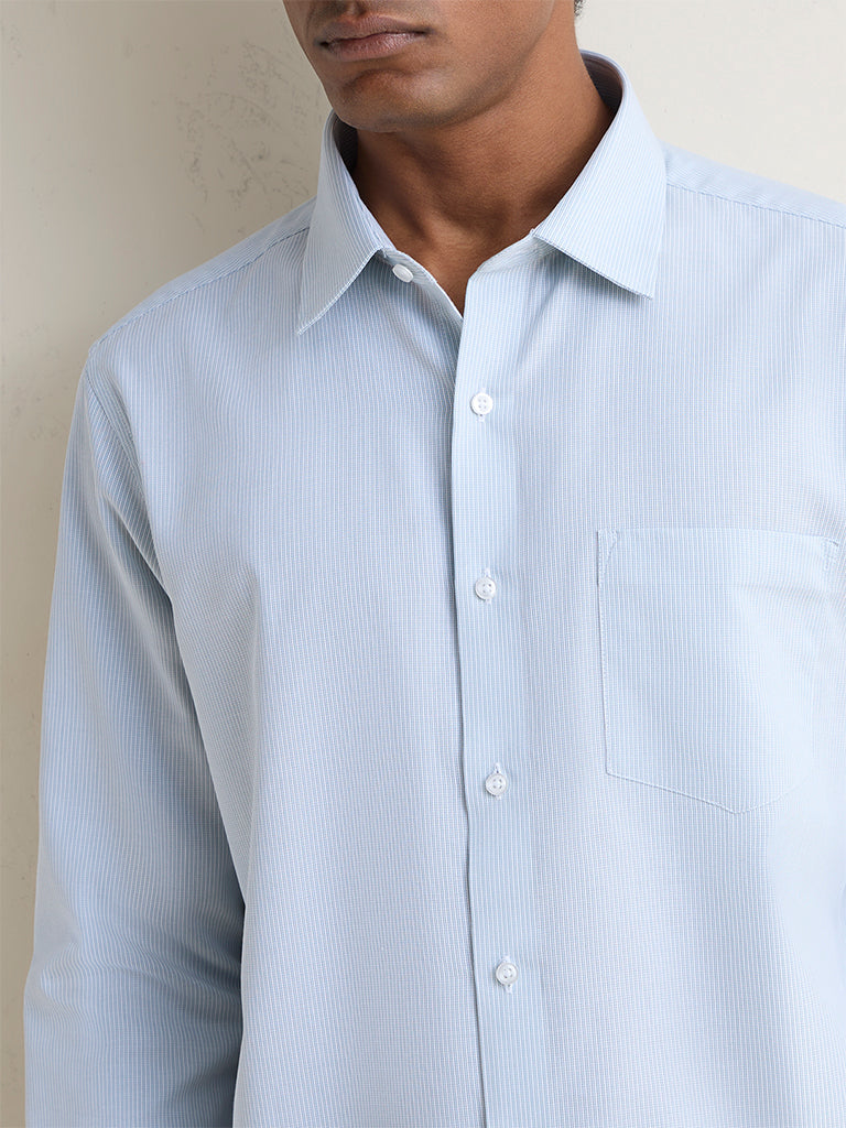 WES Formals Teal Stripe Printed Slim-Fit Cotton Shirt