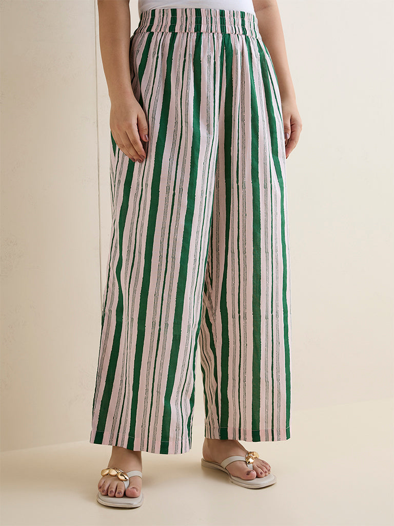 Diza Off-White Striped Cotton Palazzos