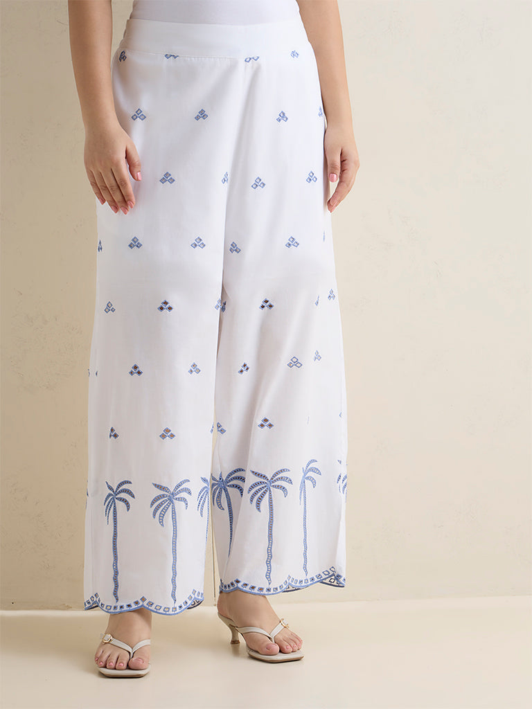 Diza White Embroidered Cotton Palazzos
