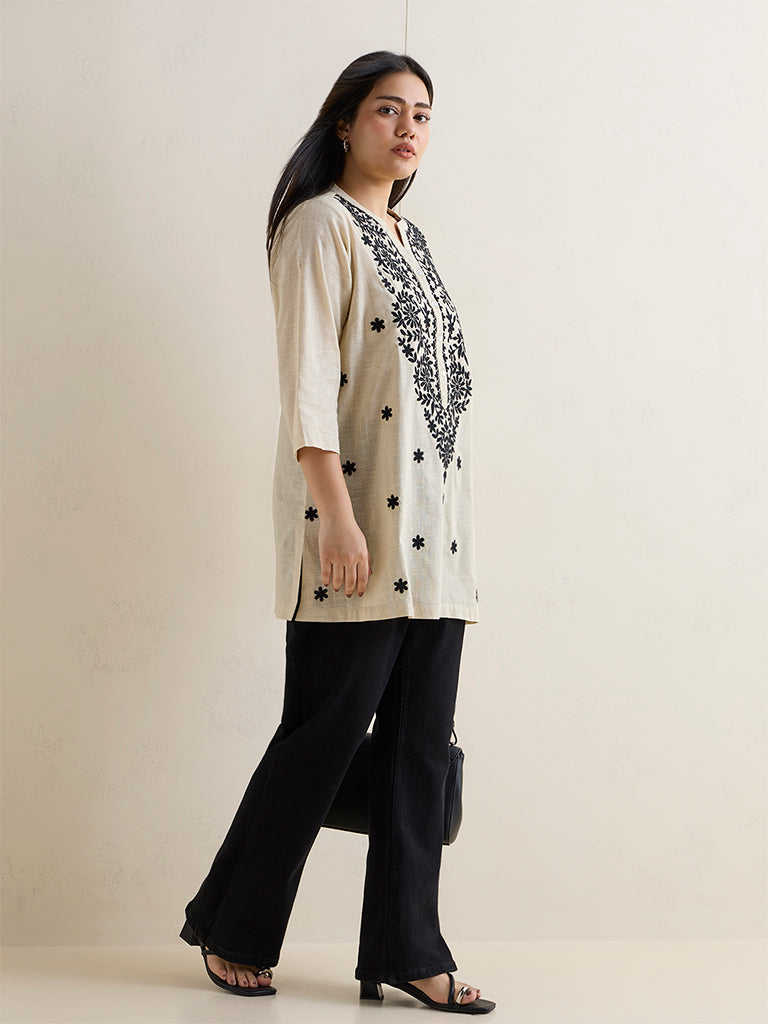 Diza Beige Embroidered Cotton Kurti