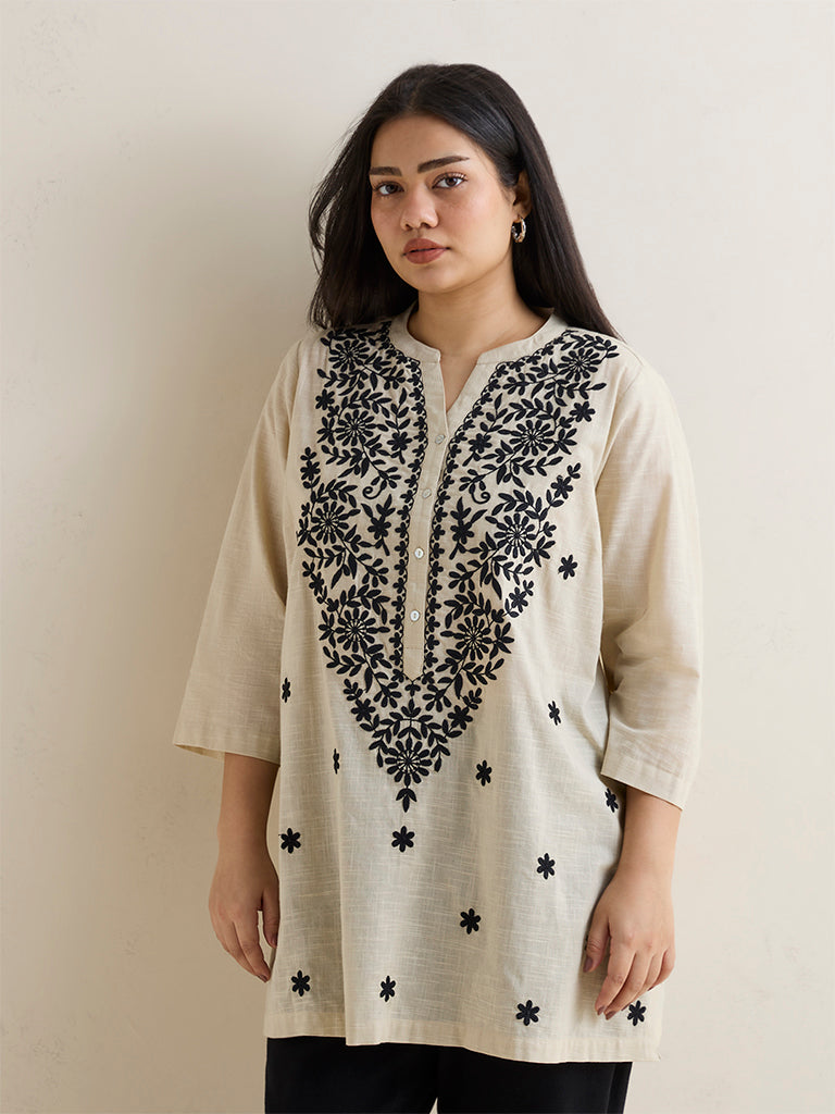 Diza Beige Embroidered Cotton Kurti