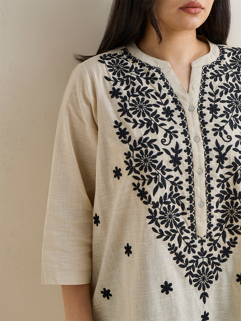 Diza Beige Embroidered Cotton Kurti