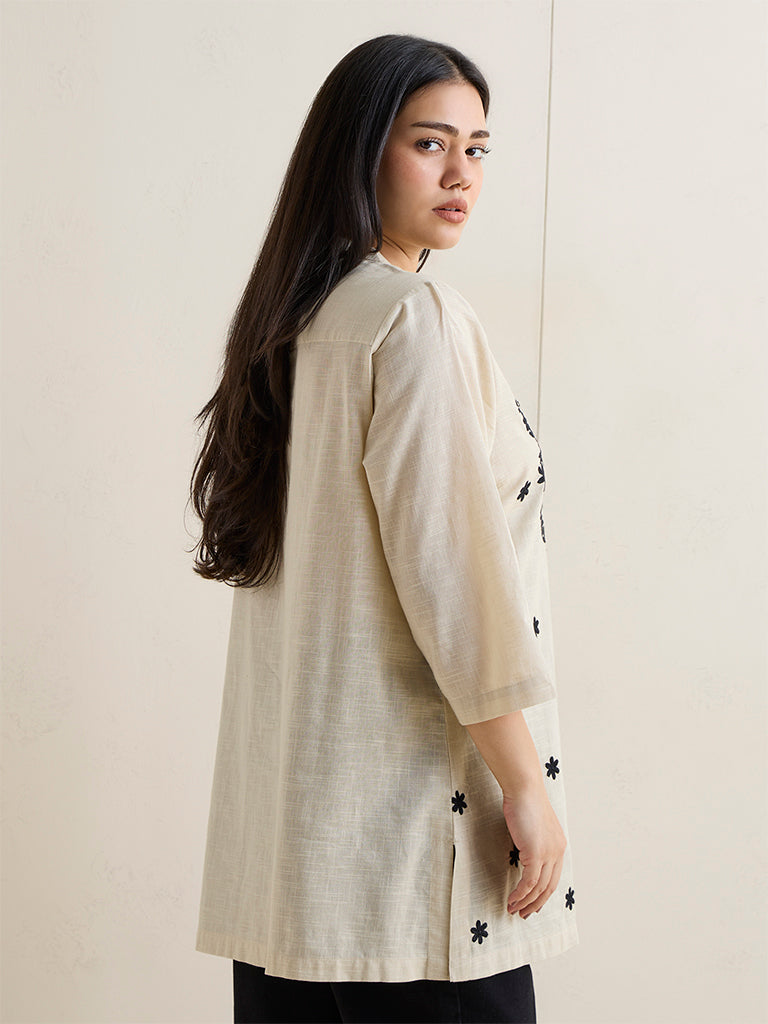 Diza Beige Embroidered Cotton Kurti