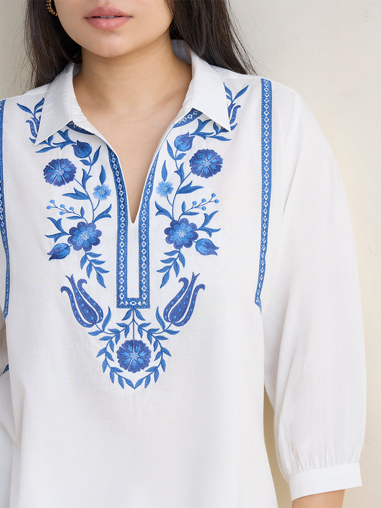 Diza White Floral Printed Cotton Tunic